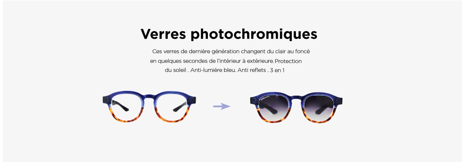 Verres photochromiques — Ces verres de dernière génération changent du clair au foncé. Protection du soleil. Anti-lumière bleue. Anti reflets. 3 en 1.